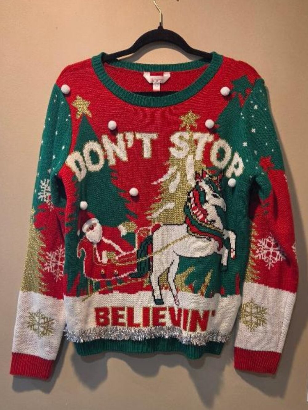 "Don't Stop Believin" Santa & Unicorn Ugly Christmas Sweater